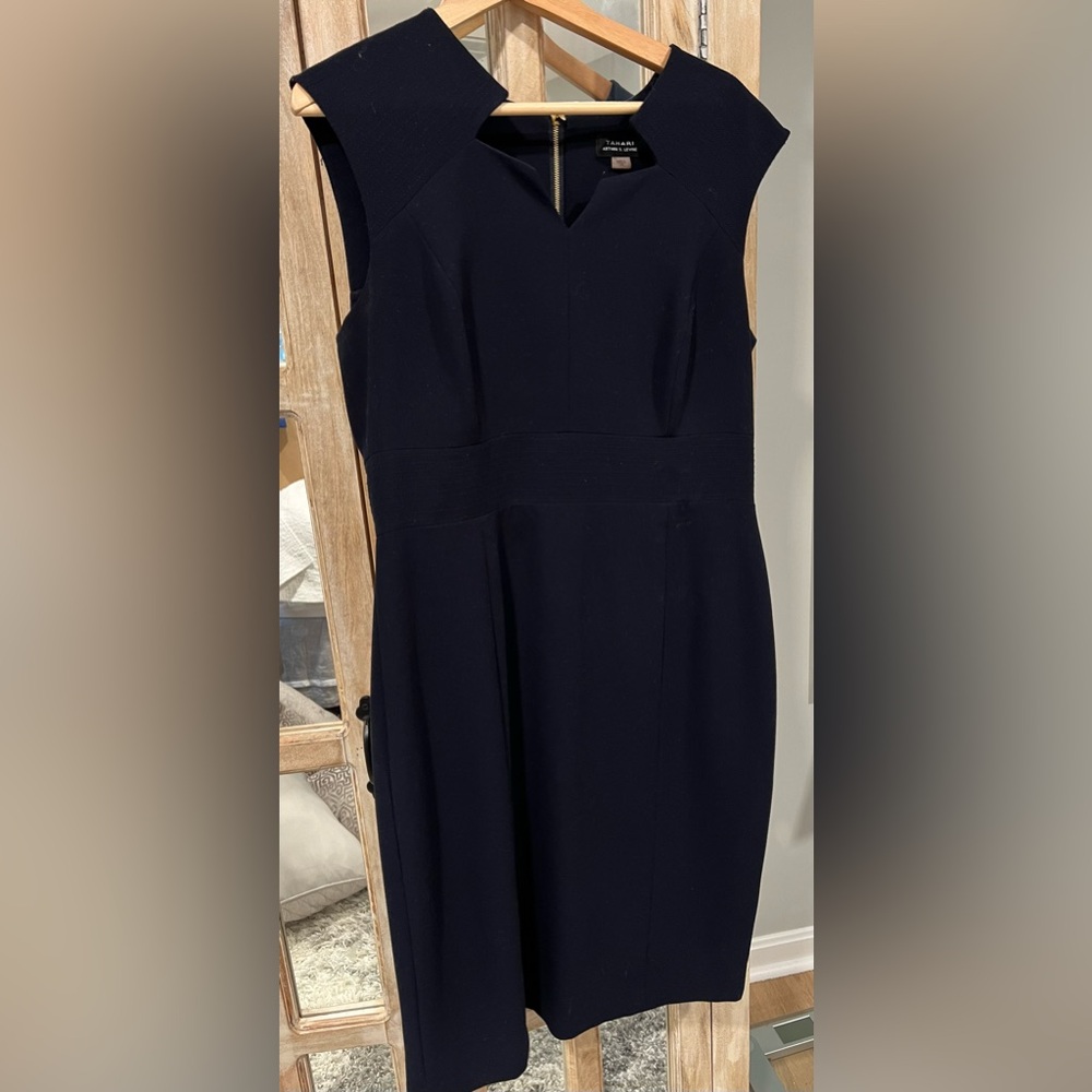 Tahari ASL Cutout Front Sleeveless Bodycon Zipper Back, Navy Solid Crepe Dress